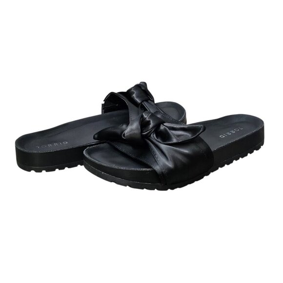 Torrid Black Satin Bow Pool Slides Slip On Flat Sandals - Picture 3 of 9